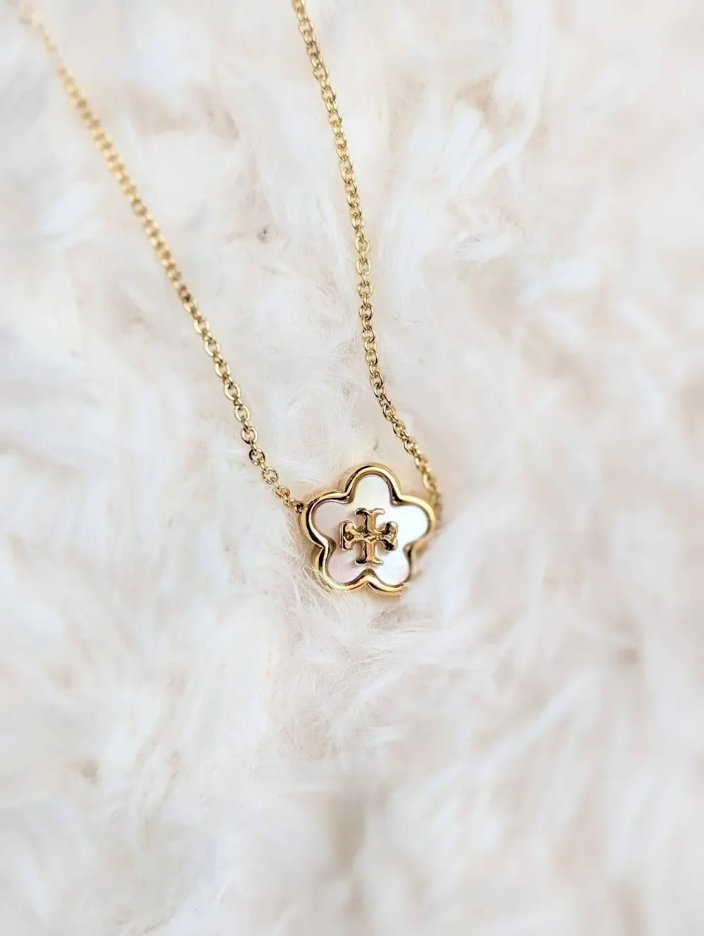 TORY BURCH Mother of Pearl Enamel Flower Double T Logo Gold Chain Necklace